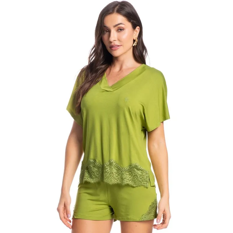Pijama Feminino Curto Com Renda Rose Verde/GG