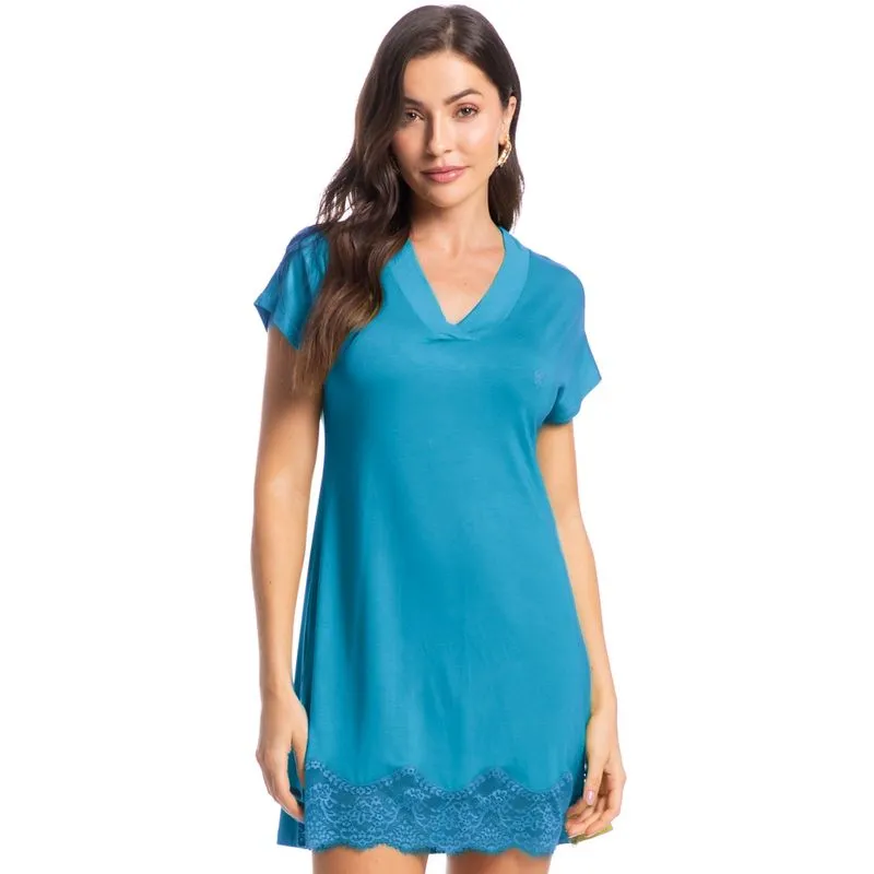 Camisão Feminino Curto Com Renda Rose Azul-2/GG