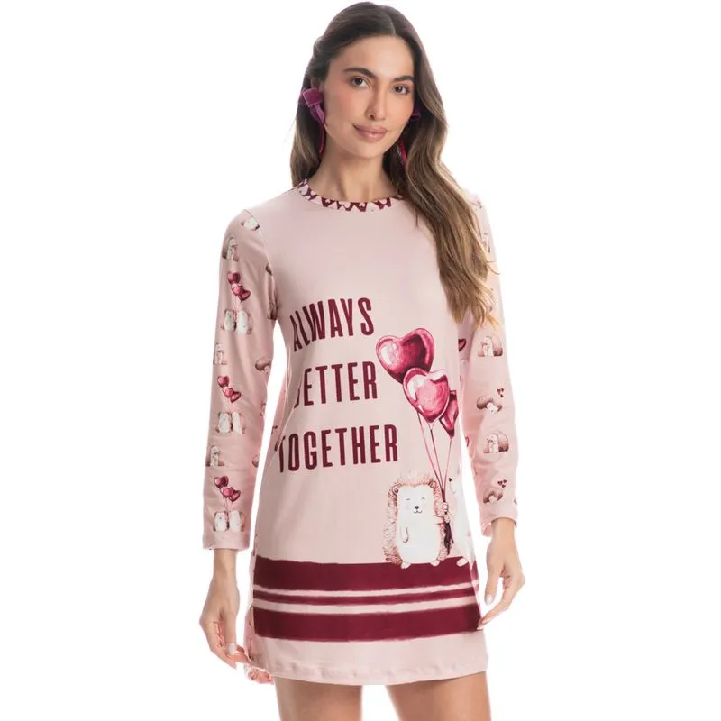 Camisão Curto Manga Longa Cute Love Rosa-3/GG