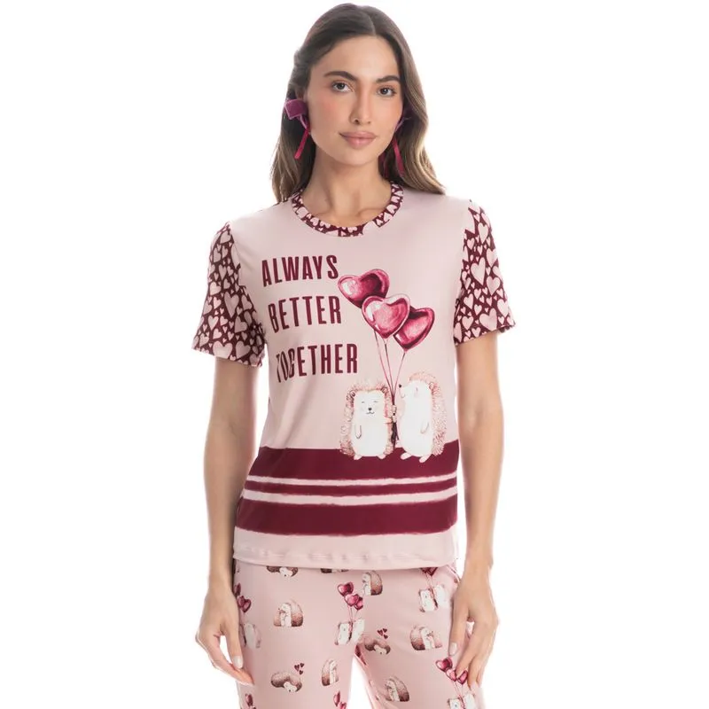 Pijama Feminino Longo Manga Curta Cute Love Rosa-3/P