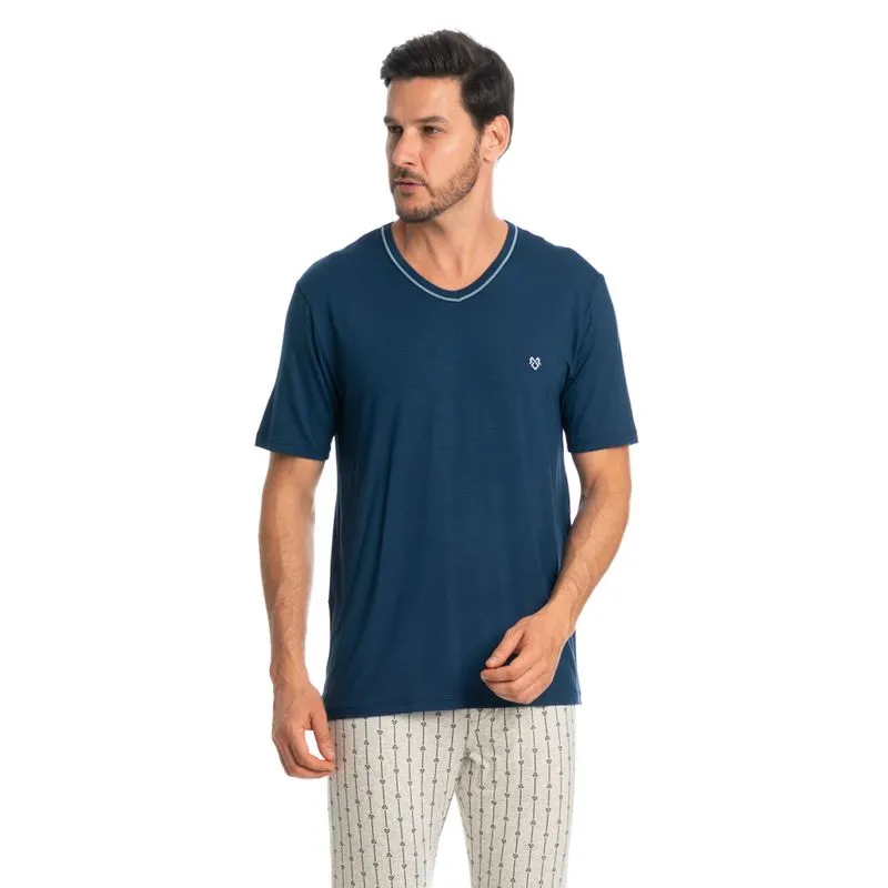 Pijama Masculino Longo Manga Curta Joaquim Tombini Azul Marinho/GG