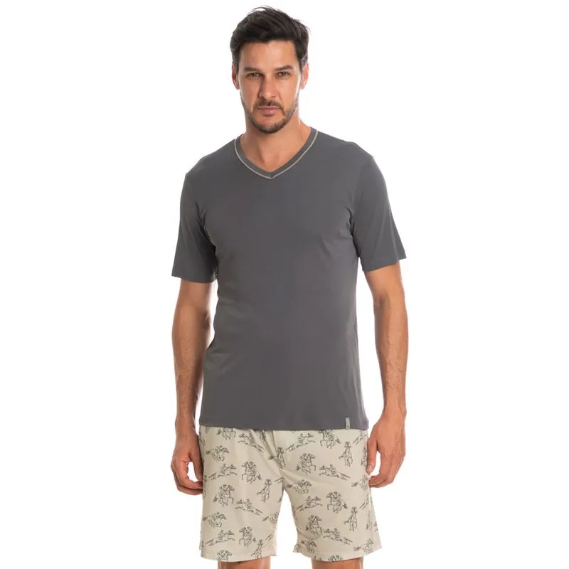 Pijama Masculino Curto Estampado Clóvis Tombini Cinza/GG