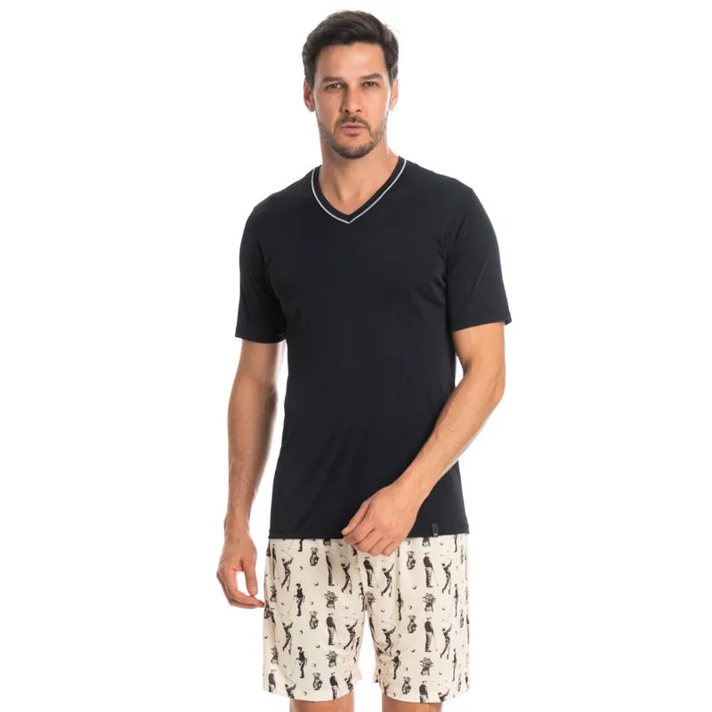 Pijama Masculino Curto Estampado Clóvis Tombini Preto/G