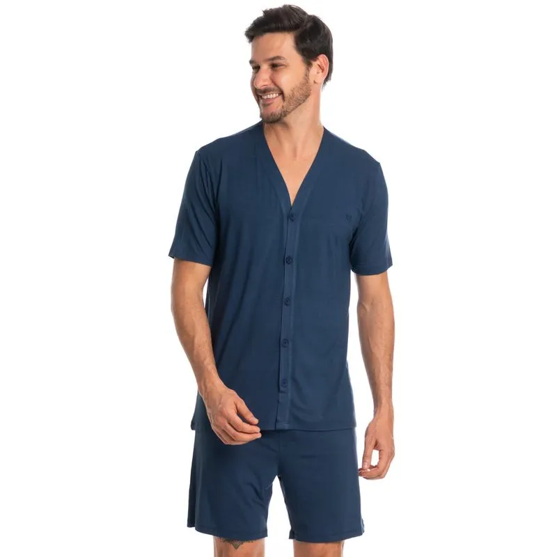 Pijama Masculino Curto Abotoado Romeu Tombini Azul Marinho/XG