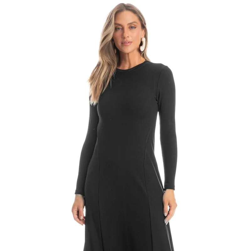 Vestido Strong Manga Longa Canelado Preto/G