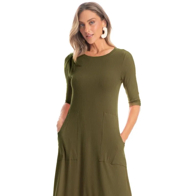 Vestido Com Bolso Canelado Verde/M