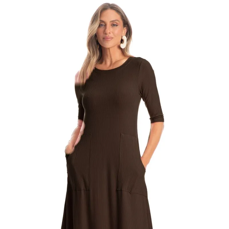 Vestido Com Bolso Canelado Marrom/GG