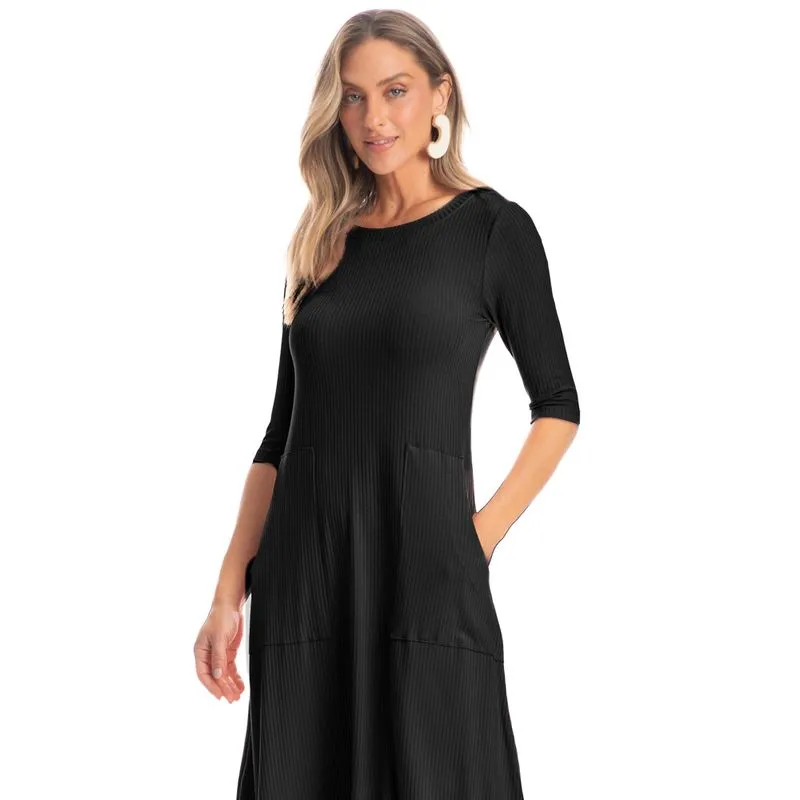 Vestido Com Bolso Canelado Preto/M