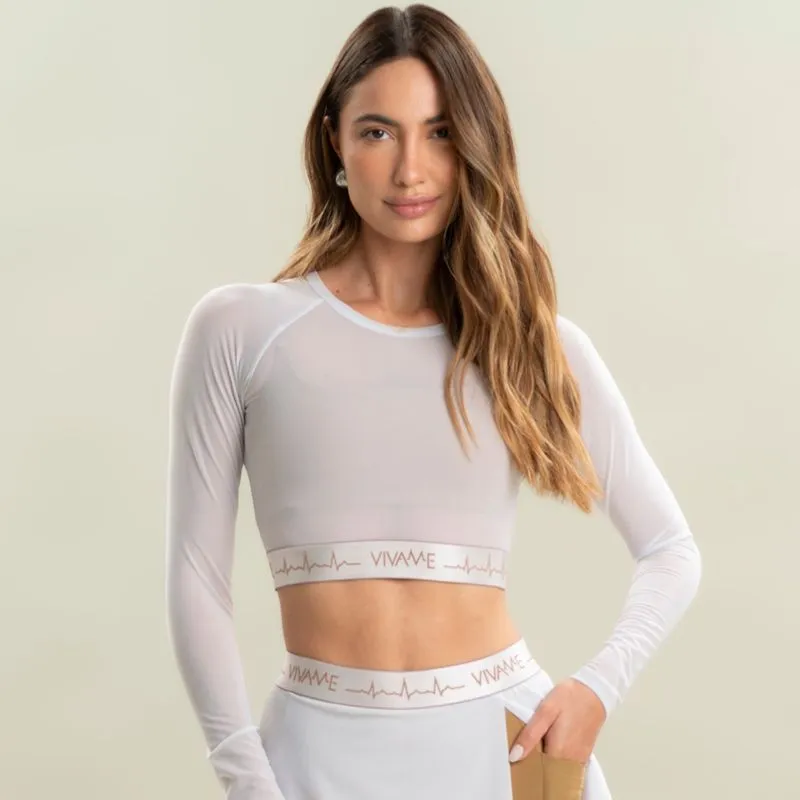 Blusa Crop Tule Duplo Com Elástico Camel Vivame Branco/G