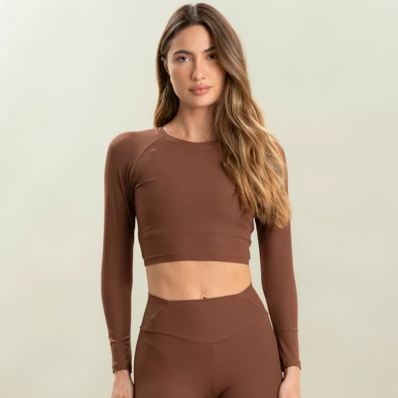 Blusa Feminina Rib Crop Manga Longa Wood Vivame Marrom/P