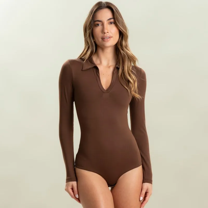 Body Manga Longa Polo Fio Duplo Contour Marrom/M