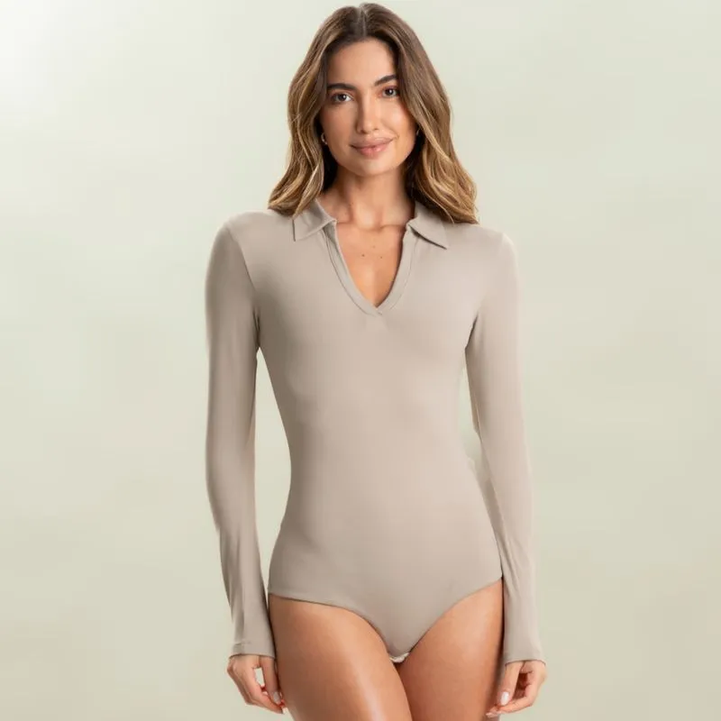 Body Manga Longa Polo Fio Duplo Contour Bege/M