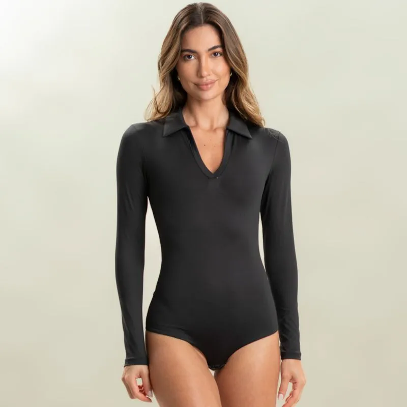 Body Manga Longa Polo Fio Duplo Contour Preto/P
