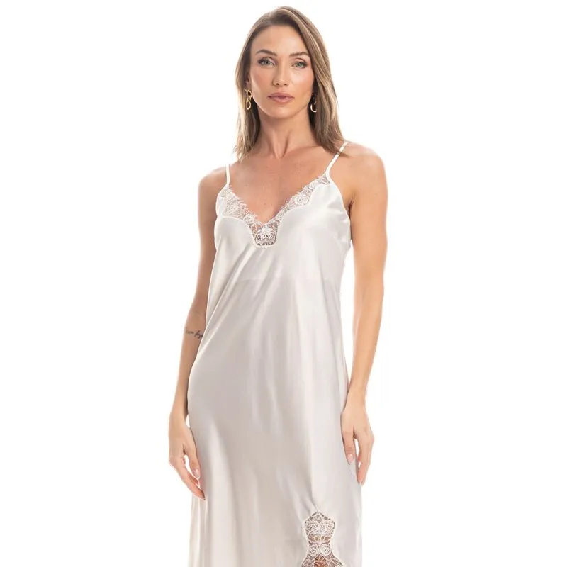 Camisola Midi Em Cetim Com Renda Jasmin Branco/G
