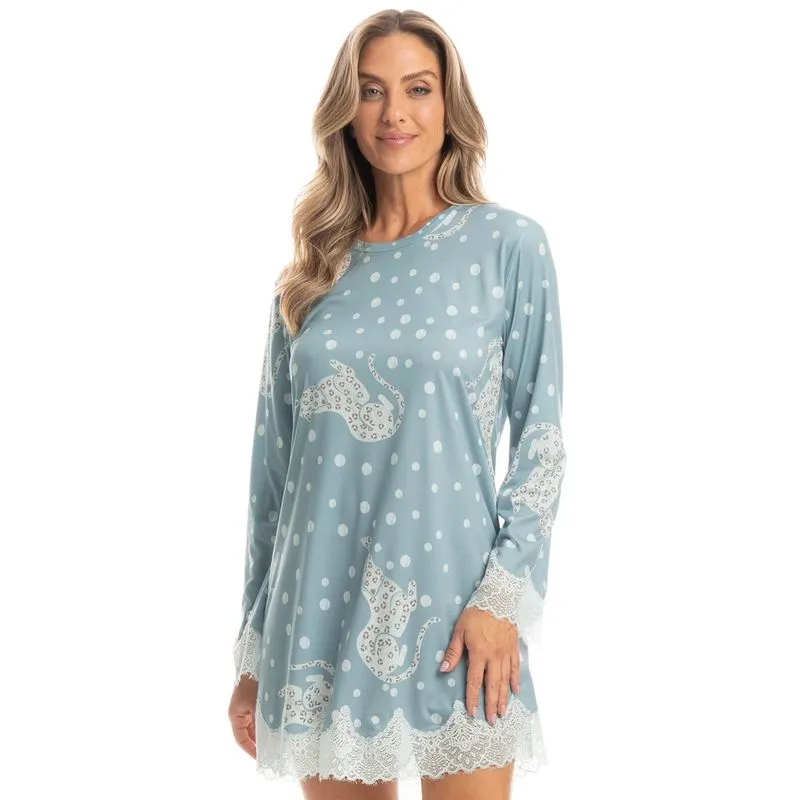 Camisão Manga Longa Com Renda Angelina Azul/GG