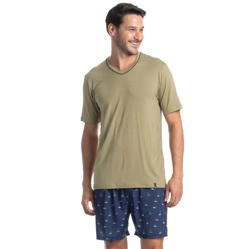 Pijama Masculino Curto Barcos Tombini Azul Marinho/P