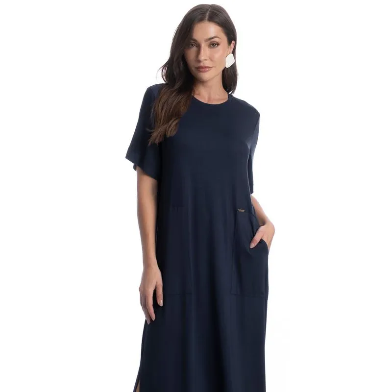 Vestido Com Manga E Bolso Venturini Azul Marinho/P