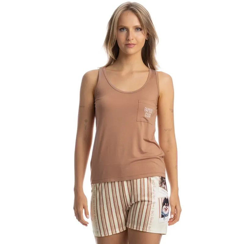 Pijama Feminino Curto Regata Com Bolso Moka Branco/P