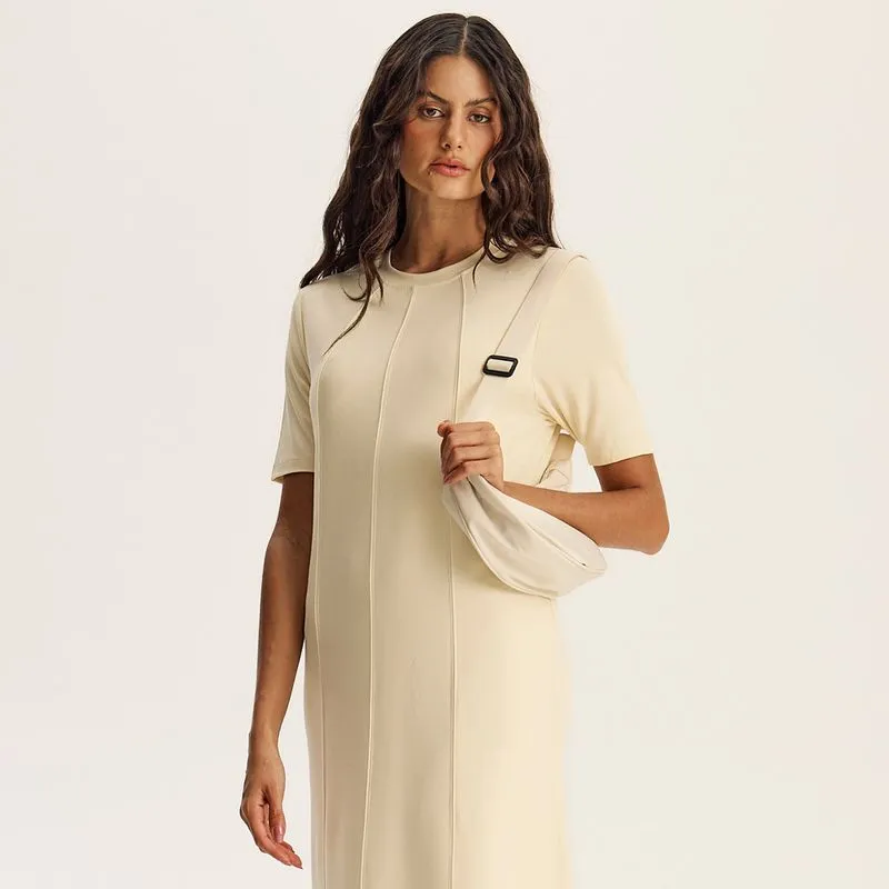 Vestido Com Manga Canelada Neotech Kayla Bege/P