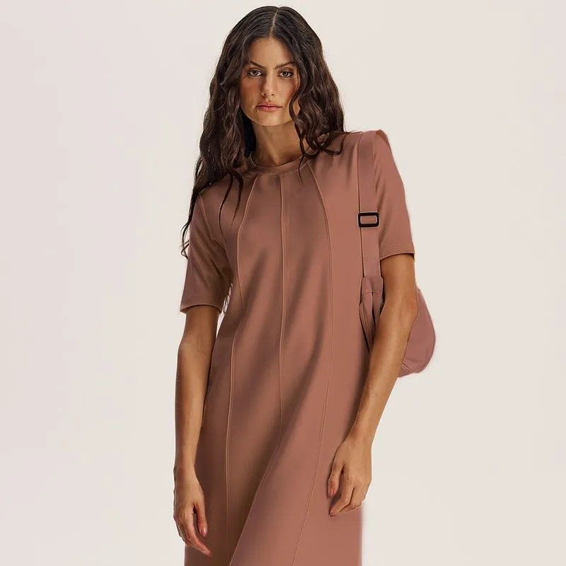 Vestido Com Manga Canelada Neotech Kayla Bege/P