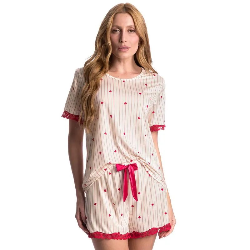 Pijama Curto Com Renda Love Vermelho/P