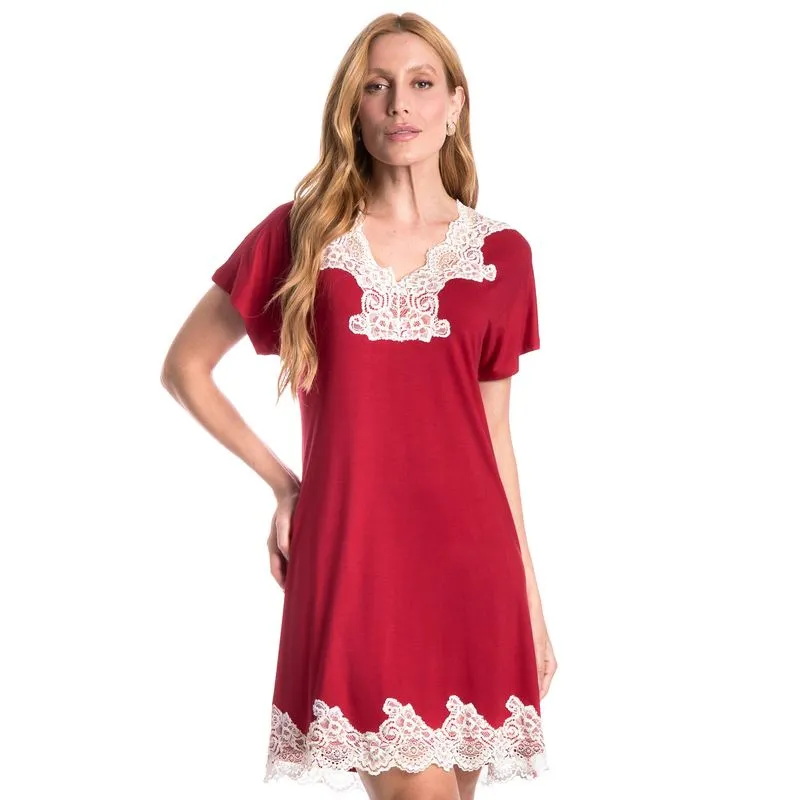 Camisão Curto Com Renda Paula Vermelho/GG