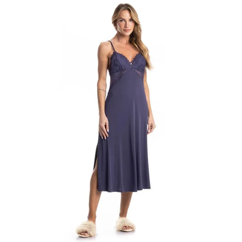 Camisola Midi Com Renda Lari Azul Marinho/G