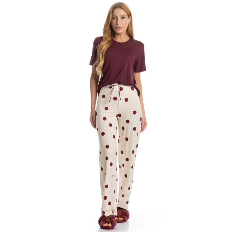 Pijama Feminino Longo Manga Curta Poá Branco/P