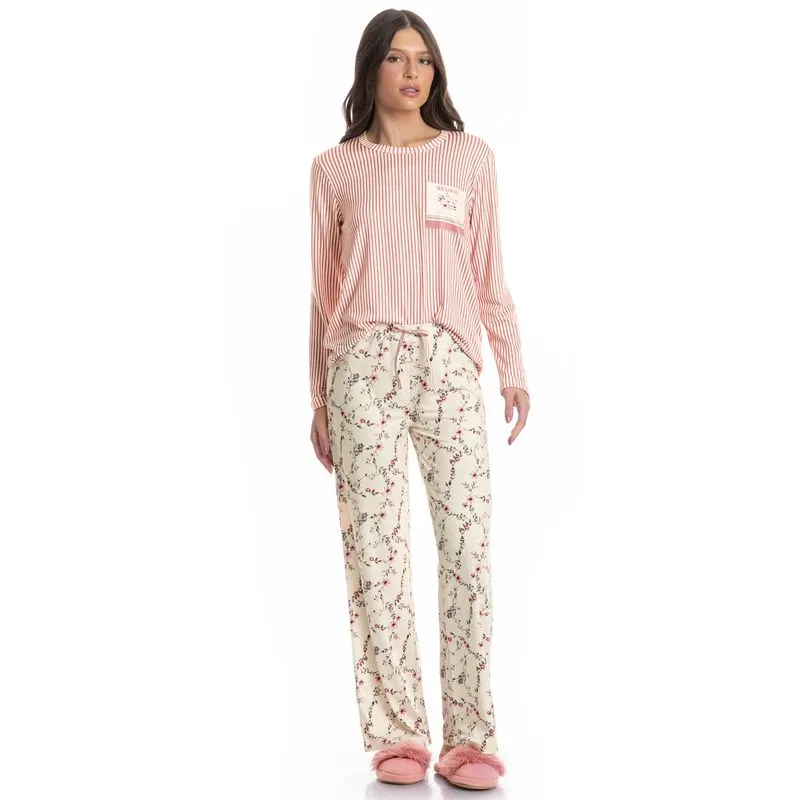 Pijama Feminino Longo Flor Branco/M