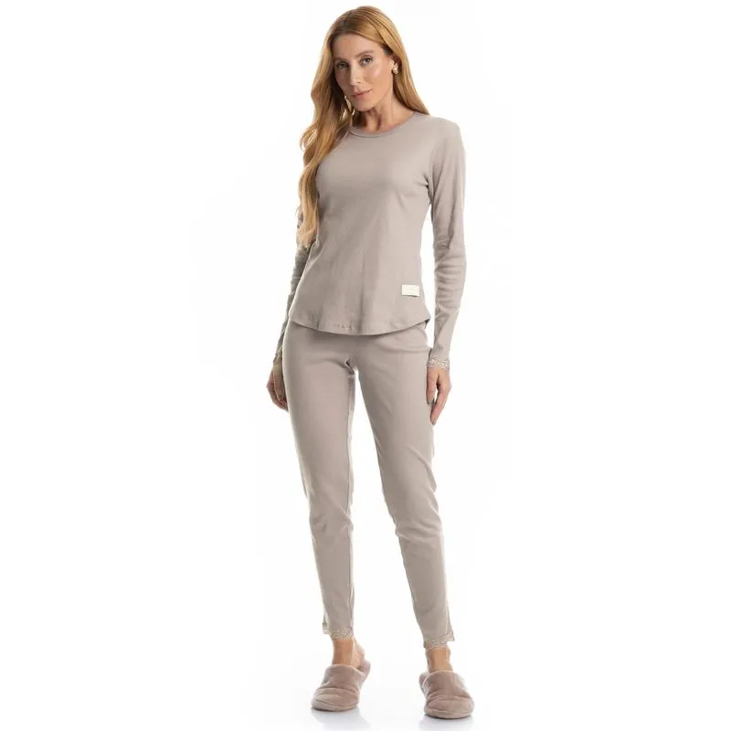 Pijama Feminino Longo Rib Charlote Bege/G