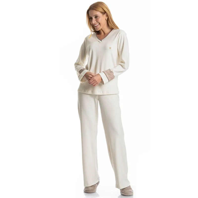 Pijama Longo Manga Com Renda Louise Branco/P