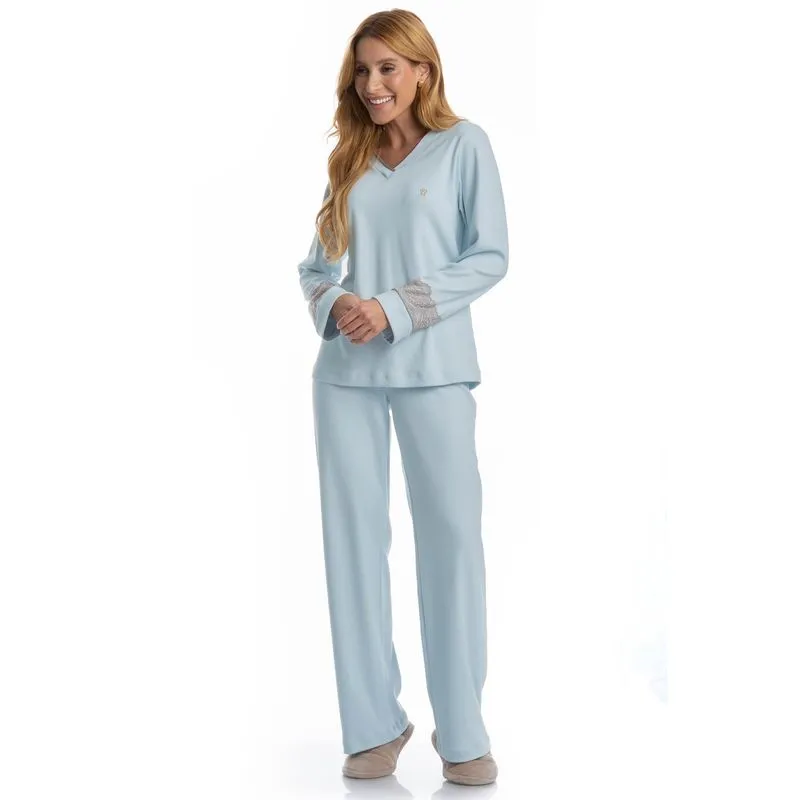 Pijama Longo Manga Com Renda Louise Azul/GG