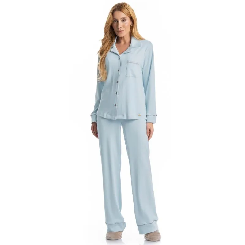 Pijama Feminino Longo Americano Louise Azul/M