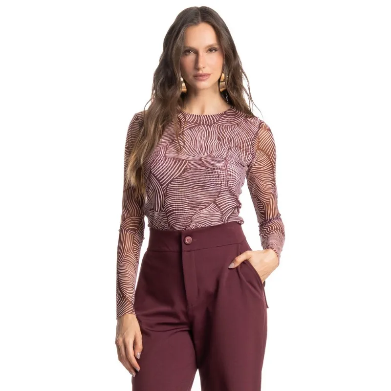 Blusa Manga Longa De Tule Merlot Vinho/G