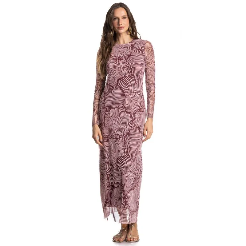 Vestido Manga Longa De Tule Merlot Vinho/G
