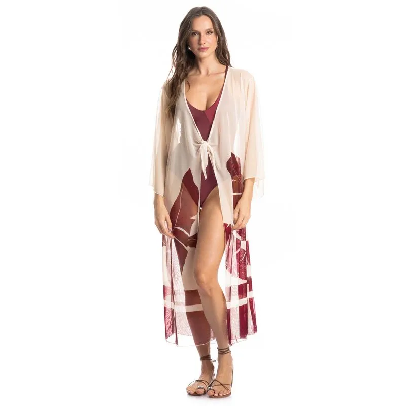 Kaftan De Tule Com Manga Folha Vinho/P