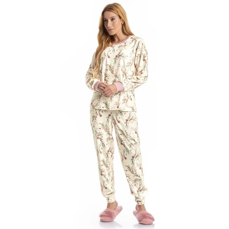 Pijama Longo Velvet Alice Branco/G