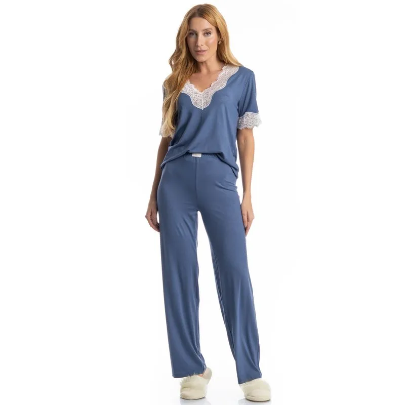 Pijama Feminino Longo Manga Curta Lily Azul-2/M