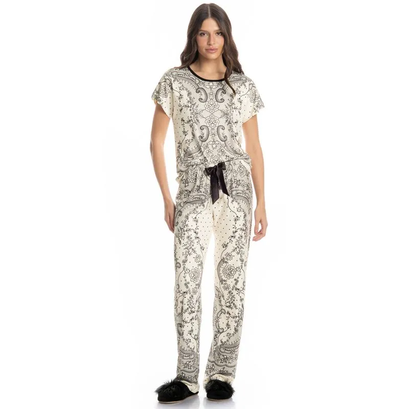 Pijama Feminino Longo Manga Curta Chiara Branco/G