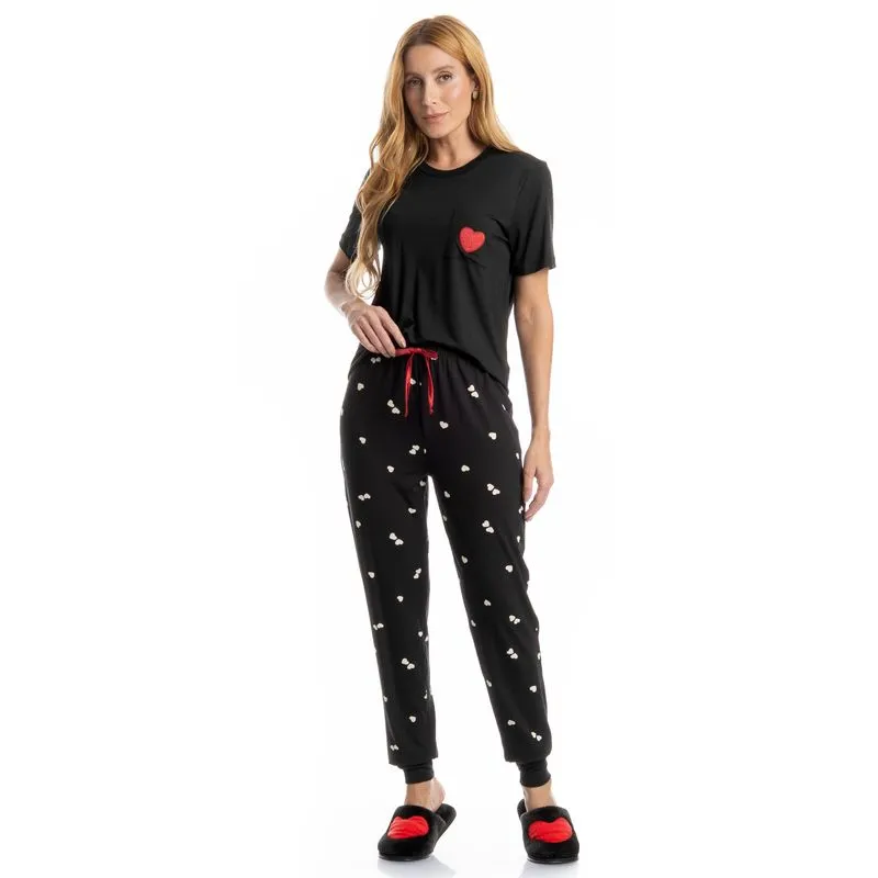 Pijama Longo Manga Curta Lovely Preto/M