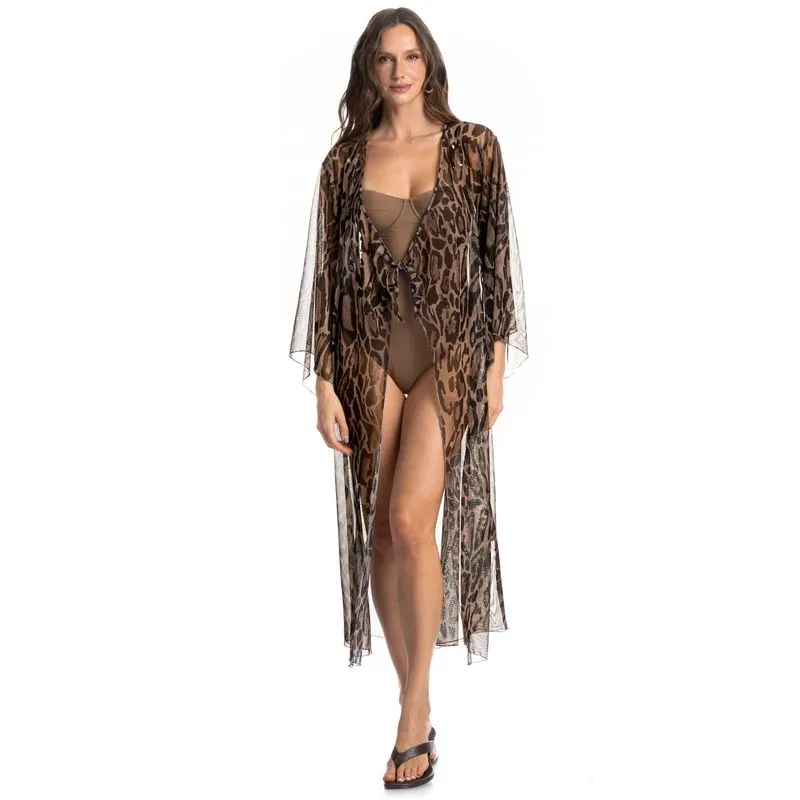 Kaftan De Tule Com Manga Onça Marrom/P