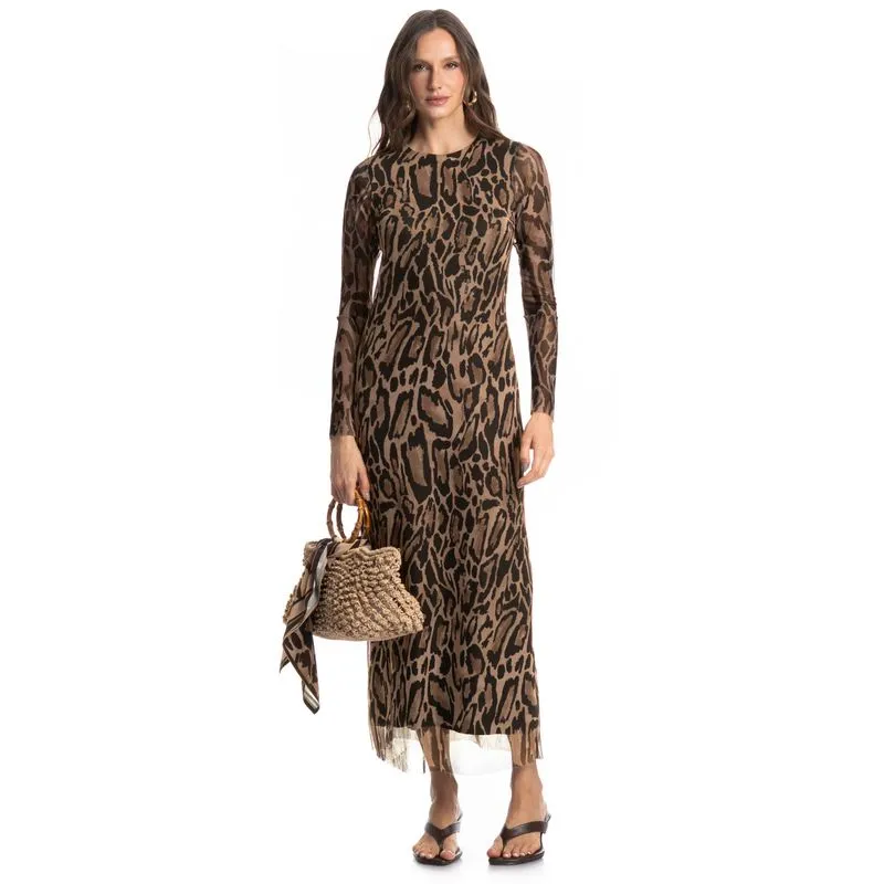 Vestido De Tule Com Manga Longa Onça Marrom/G