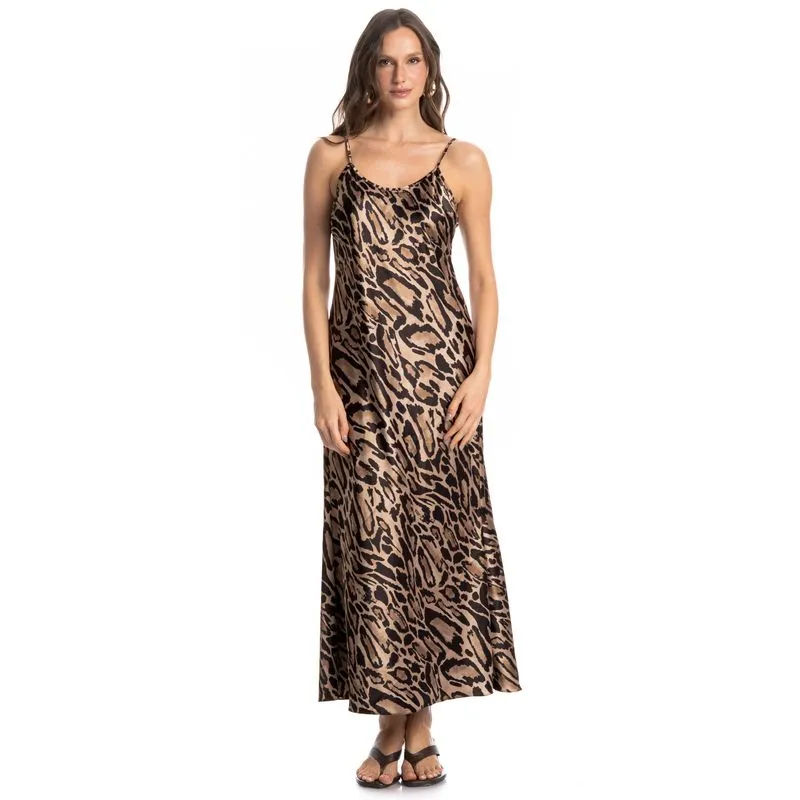 Vestido De Cetim Alcinha Onça Marrom/G