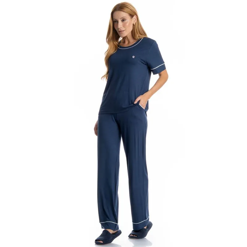 Pijama Longo Com Bolso Manga Curta Lisa Azul Marinho/M