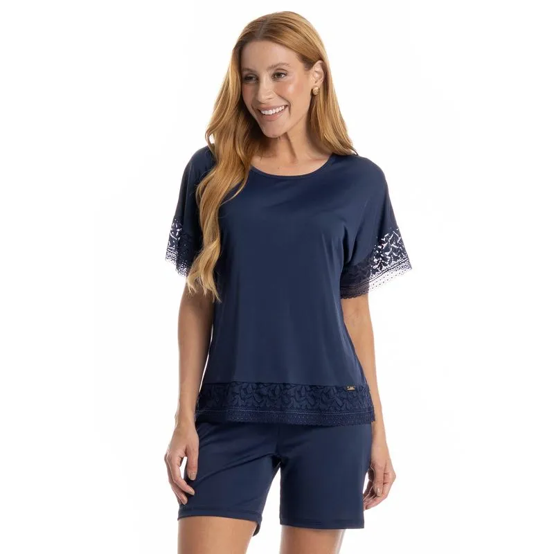Pijama Feminino Shortão Amanda Azul Marinho/G