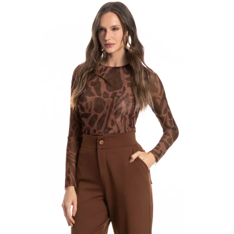 Blusa Manga Longa De Tule Colinas Marrom/P