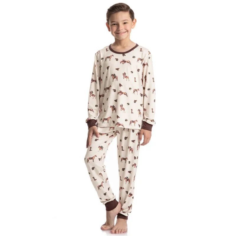 Pijama Longo Infantil Unissex Hipismo Bege/04