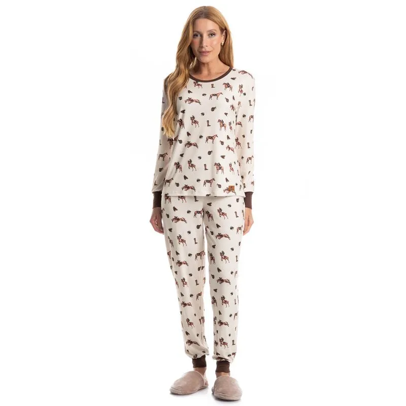 Pijama Longo Feminino Hipismo Bege/GG