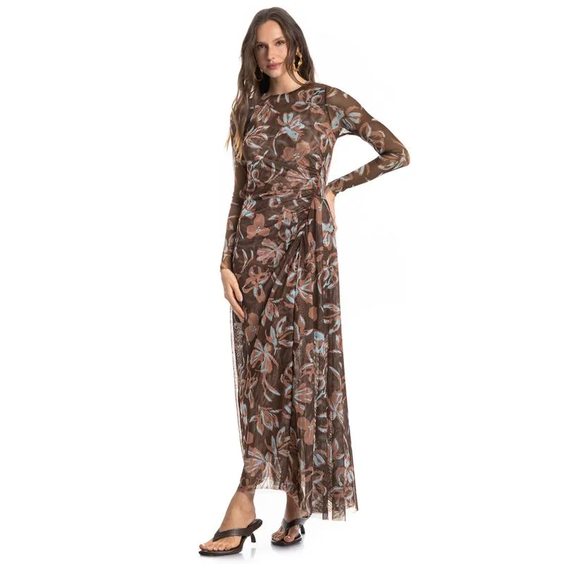 Vestido De Tule Com Combinete Franzido Jardim Marrom/M