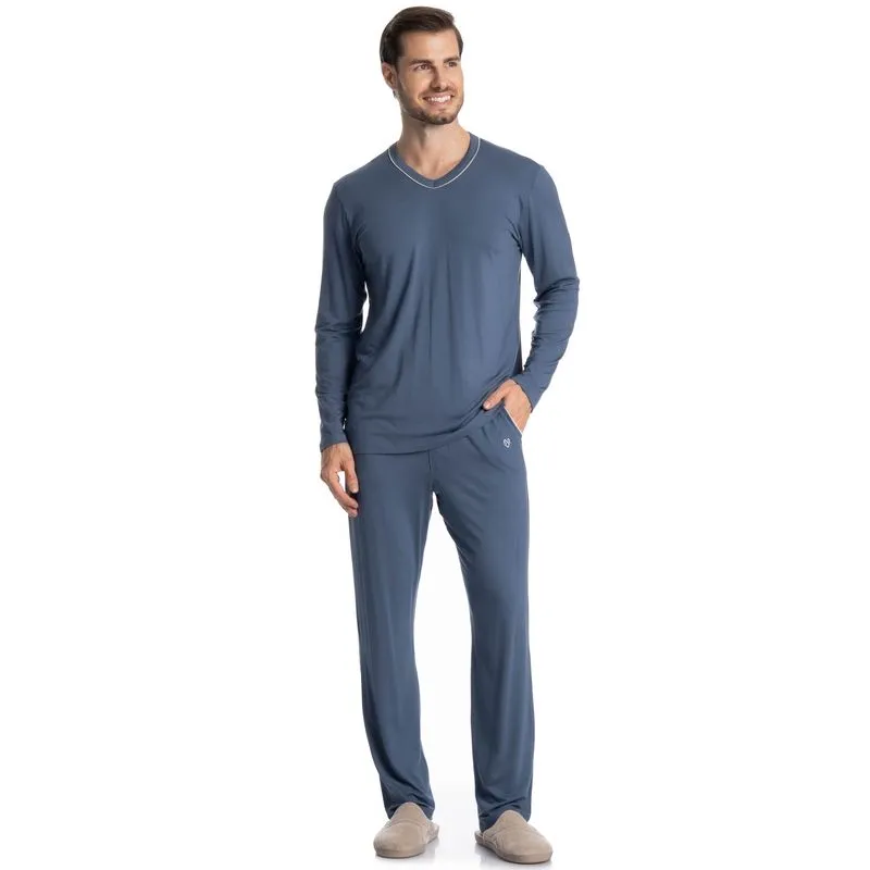 Pijama Masculino Longo Com Bolso Lucca Azul-2/GG